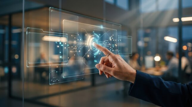 Interactive technology display futuristic interface and human computer interaction in modern office environment