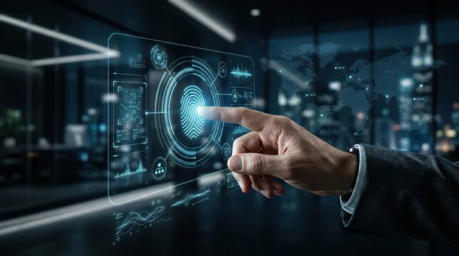 Biometric security technology fingerprint scan interface with data visualization and global network connection