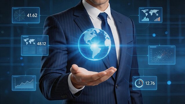 Businessman holding glowing digital globe with data analytics charts, global network connection, big data visualization and financial statistics concept.