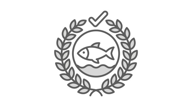 Certified sustainable seafood logo with fish and laurel wreath.