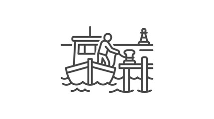 Obraz premium Sailor securing boat with rope to dock bollard pier.