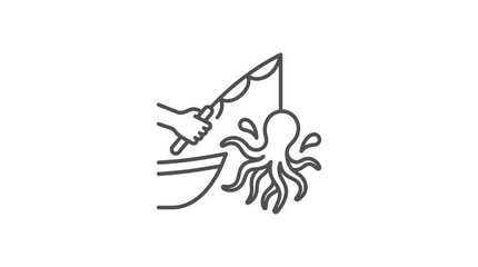 Fisherman catching an octopus using a fishing rod illustration. © rasyy