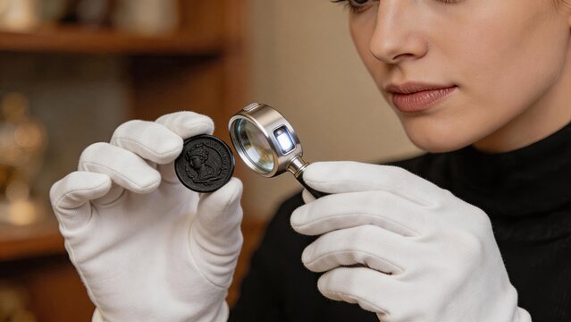 Expert woman examining ancient coin with magnifying glass and light, numismatist checking rare collectible artifact detail, professional appraisal of historical currency value and