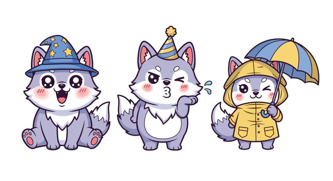 Cute Cartoon Wolves in Festive Rainy Weather Outfits.