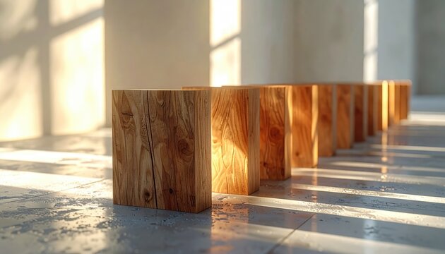 Sun-drenched wooden blocks creating shadows on a textured floor