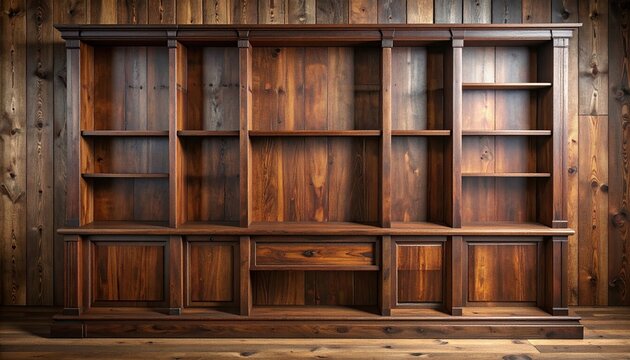 Dark wood empty built-in bookshelf with multiple shelves and cabinets