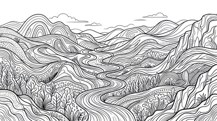 Stylized mountain valley with winding river line art landscape © ninis