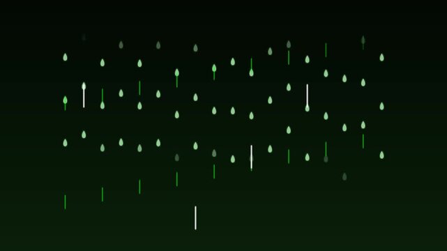 Matrix digital neon green glowing stylized rainfall graphic animation falling in a structured grid over a dark background