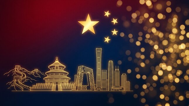 Golden china cityscape at night with iconic landmarks and bokeh lights