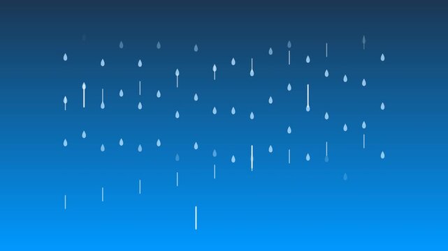 Stylized rainfall graphic animation with plump teardrops and elongated white motion blur streaks falling in a structured grid over a calm atmospheric blue vertical gradient