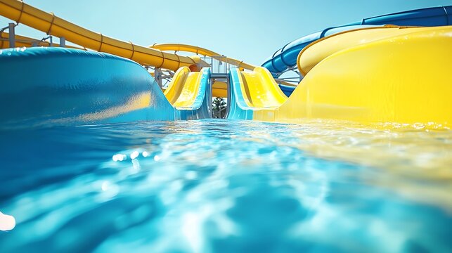 POV Perspective of a Water Slide and Refreshing Pool Water