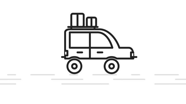 Clean minimalist line art animation of a packed road trip car driving smoothly over scrolling lines