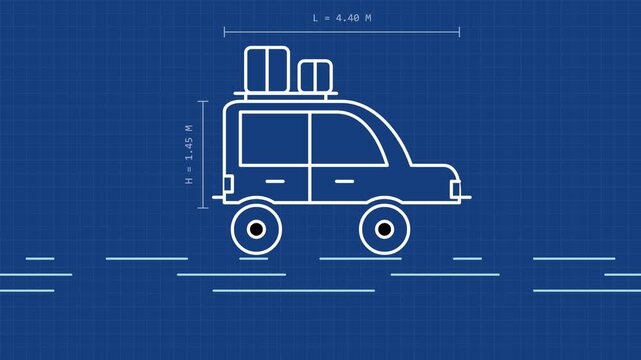Technical blueprint animation of a road trip car design driving with technical measurements