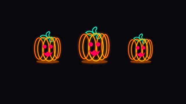 Cyberpunk neon dark mode animation of three glowing wireframe jack-o-lanterns bouncing synchronously