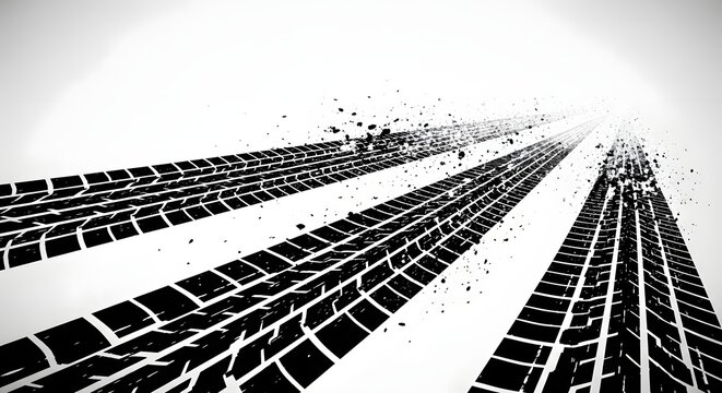 Black tire skid marks with flying dirt on white. Vehicle braking dynamics and road accidents. Race car leaving dark trails during aggressive stopping.
