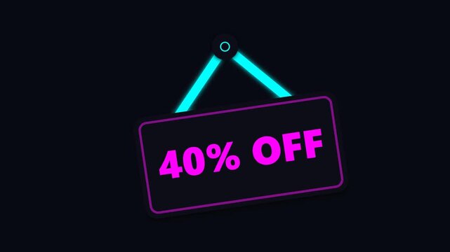 cyberpunk neon themed animated flat design retail discount sign swinging from a peg displaying 40% OFF