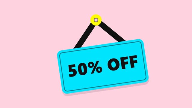 pastel popart themed animated flat design retail discount sign swinging from a peg displaying 50% OFF