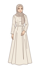 Naklejka premium Indonesian woman in cream dress elegant modest bridal fashion illustration