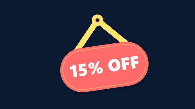 Vibrant coral and navy animated flat design retail pill shape discount sign swinging from a peg displaying 15% OFF