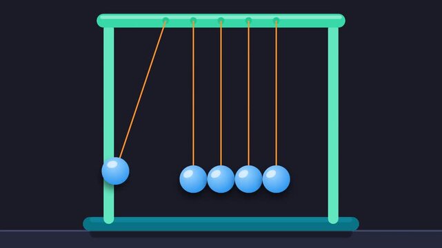 Seamless looping animation of a stylized Newton's cradle with light blue pendulums swinging and transferring energy, physics toy, on a dark background
