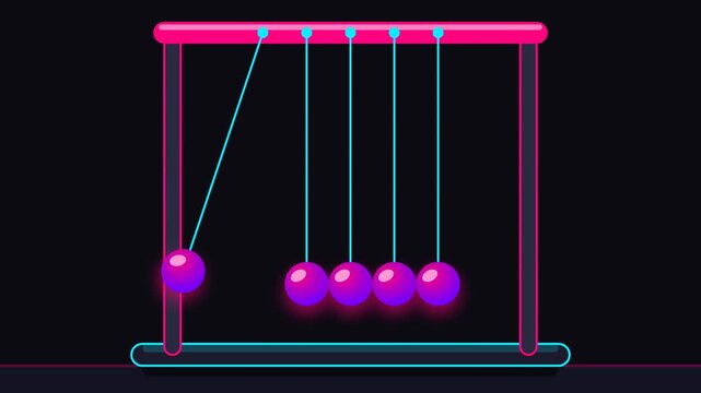 Seamless looping animation of a neon cyberpunk Newton's cradle with glowing pink and cyan pendulums swinging, physics toy, isolated on dark background