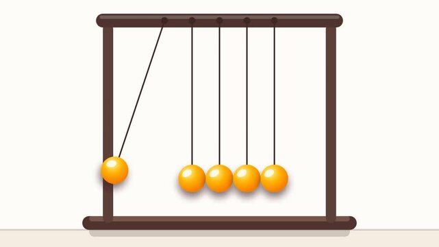 Seamless looping animation of a vintage Newton's cradle with shiny gold metallic pendulums and mahogany wood base, physics toy, isolated on cream background