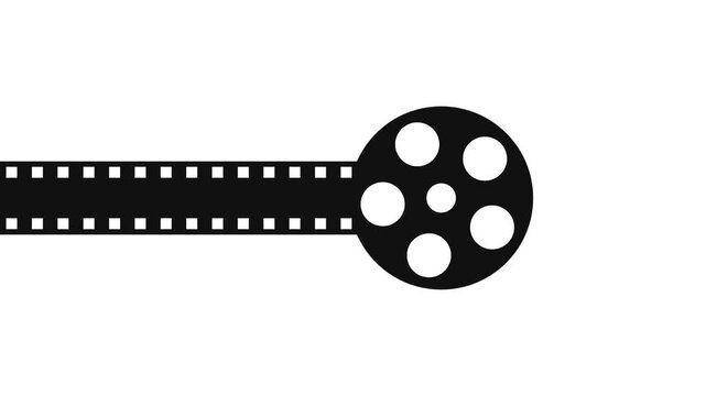 Seamless looping animation of a classic minimalist movie film strip rolling into a spinning camera reel, flat black silhouette icon isolated on white background