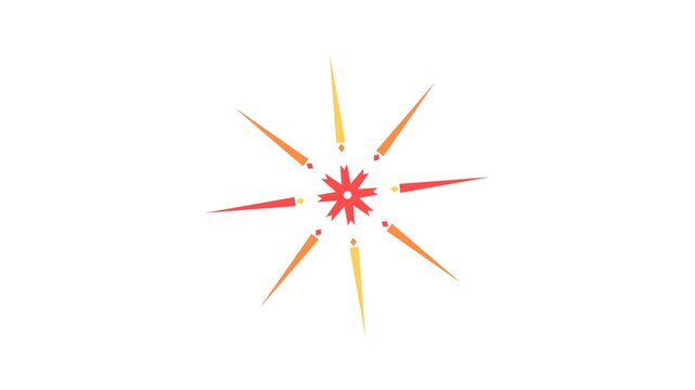 Seamless looping animation of a vibrant geometric starburst pattern spinning dynamically, featuring a decorative red snowflake emblem and alternating warm tone sunburst spikes, isolated on white