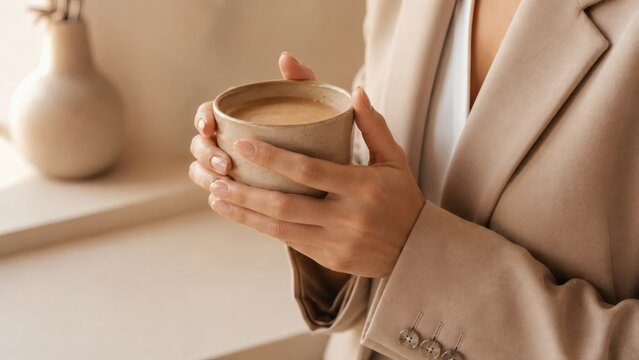 Woman holding a ceramic cup of coffee in a cozy indoor setting  