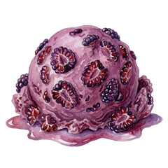 Fototapeta premium Watercolor blackberry raspberry ice cream scoop with berries