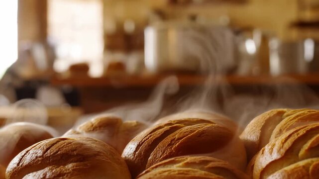 Freshly baked bread rolls emitting steam in a rustic kitchen setting. Represents warmth, comfort, and the joy of homemade meals