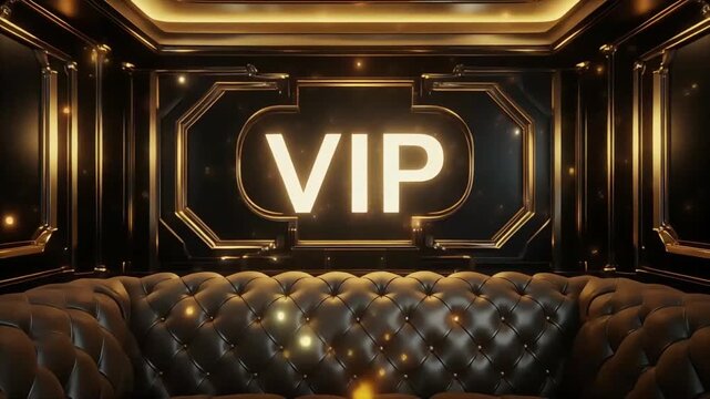 VIP lounge interior featuring a luxurious leather sofa with golden glowing text and elegant motion light particles video footage