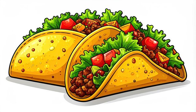 Two cartoon hard shell tacos filled with seasoned meat, lettuce, tomato