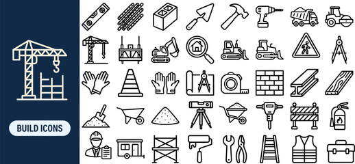 Building Site and Roadwork Safety outline icon set. Featuring traffic cone, barrier, brick, jackhammer, and signpost symbols. Editable stroke vector icons for infrastructure zone and street upgrade. © Pixel_Forge