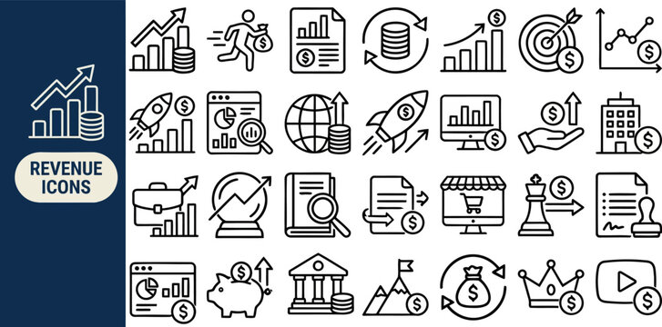 Monetization and Commercial Turnover outline icon set. Featuring graph, cashier, payment hand, target, and shop symbols. Editable stroke vector icons for business analytics and marketing budget.