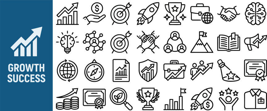 Business Success and Winning Goal outline icon set. Featuring trophy, rocket, mountain peak, dart, and flag symbols. Editable stroke vector icons for motivation poster and company milestone.