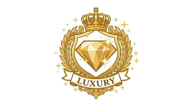 Luxury gold diamond emblem with royal crown and laurel wreath, elegant golden shield crest for premium branding, sparkling jewel logo design isolated on Transparent Background