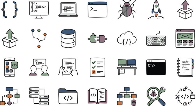Software Development Icon Set Featuring Source Code Laptops Databases Command Terminals and Cloud Infrastructure for Programming Marketing Vector Illustration