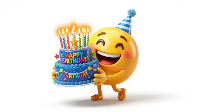Cheerful birthday emoji character holding a tiered cake, happy yellow face with party hat, festive celebration mascot with lit candles isolated on Transparent Background