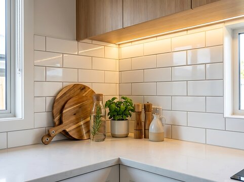 Clean minimalist kitchen corner with white subway tile backsplash and wooden accents countertop interior utensils culinary minimalist lighting domestic lifestyle kitchenware backsplash
