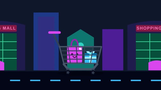 Animated neon night shopping mall cityscape with scrolling trolley cart and glowing storefronts on dark background