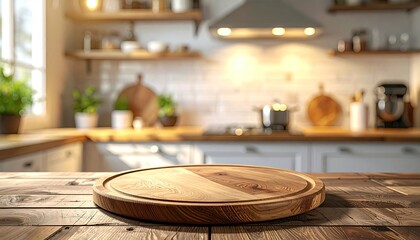 Obraz premium Wooden cutting board on rustic table in a bright, cozy kitchen