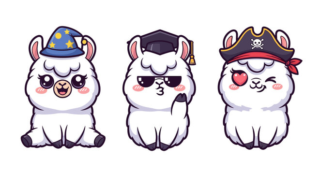Cute cartoon alpacas wearing various fun hats collection.