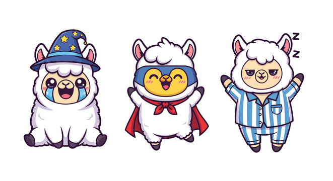 Cute Cartoon Alpacas in Funny Costumes Collection.