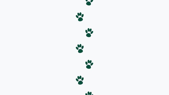 Animated wild wolf paw print tracks appearing progressively in walking trail pattern on light background