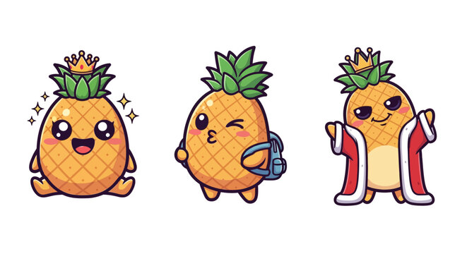 Cute Animated Pineapple Characters with Fun Expressions and Outfits.