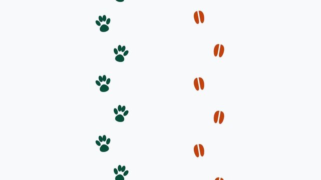 Animated wild animal tracks appearing in sequence with wolf paw bear paw and deer hoof stamps on light background