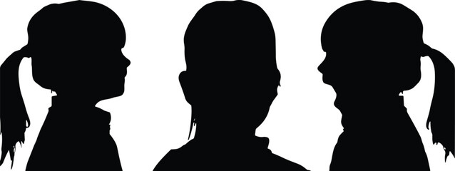 Children Girl Silhouette Portrait Set with Front and Side View Profiles Ponytail Hairstyle Vector Illustration Collection © MstRozina
