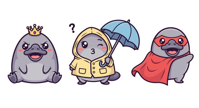 Cute cartoon sea lions in whimsical costumes and accessories.