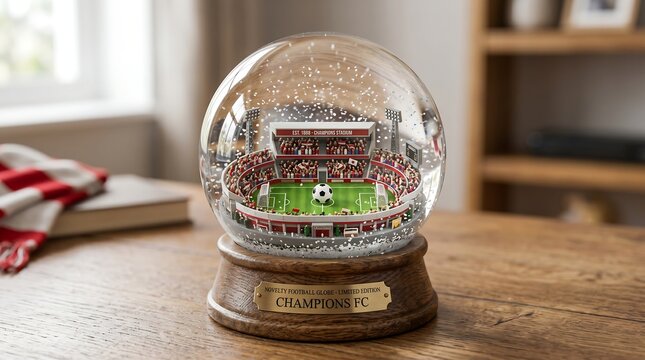 Charming photorealistic studio render of a winter liquid snow globe containing tiny stadium pitch